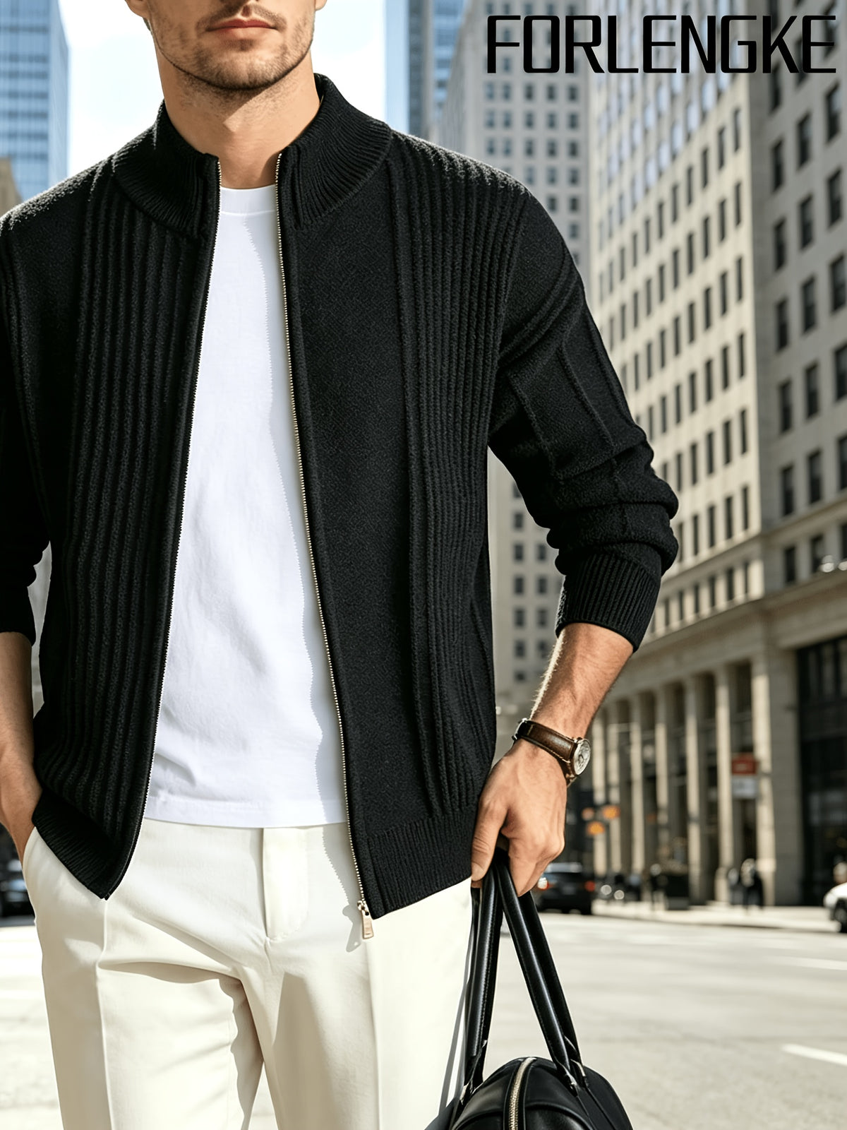 FORLENGKE Early Autumn New Arrival Men's Italian-Style Minimalist Formal Knit Stand Collar Cardigan, Zipper Open Front for Layering with Inner Wear, Autumn/Winter Golf, Casual, Office Commute, Shopping, Market Strolling, Daily Wear Top - Black