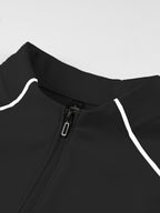 Single Pc Men'S Multi-Color Elastic Sports Fabric Long Sleeve Shirt, Half-Zipper Stand Collar, Contrast Line Decoration, Drop Shoulder Structure, Easy Techwear Style, Spring/Autumn Fit Waist-Cinching Shape - Obsidian Black