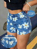[Printed Pants - Not Faux Denim Fabric]Printed Pants - Not Faux Denim Fabric High-Waist High-Stretch Imitation Faux Denim Floral Print Tight Shorts Leggings - Royal Blue