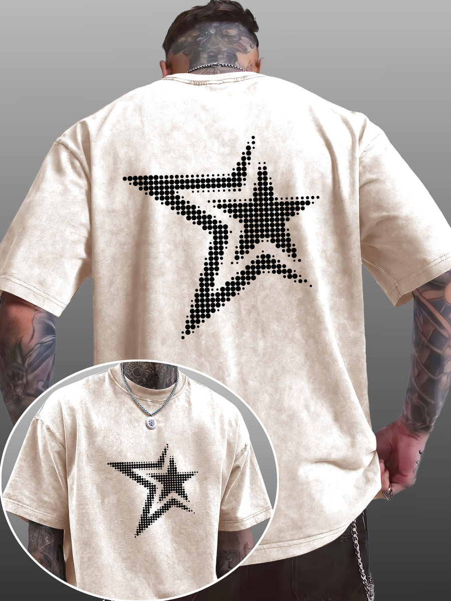 Men's Short-Sleeve T-Shirt, Pure Cotton Loose Fit Washed Distressed Half-Sleeve Top, Dot Matrix Overlapping Double Five-Star Trendy Reverse Double-Sided Print, Multiple Colors for Mix & Match, American Streetwear High Street Hip-Hop Y2K National - Apricot