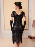 1920S Vintage Sequin Dress Gatsby Party Tassel Dress Evening Banquet Dance Dress Sequined Dress (Single Dress, Gloves And Additions Not Included) - Black
