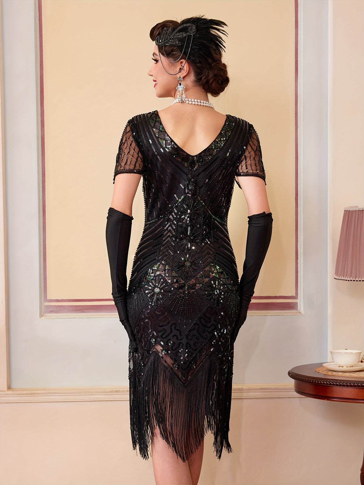 1920S Vintage Sequin Dress Gatsby Party Tassel Dress Evening Banquet Dance Dress Sequined Dress (Single Dress, Gloves And Additions Not Included) - Black