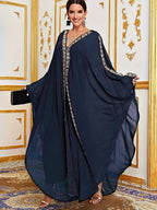 Middle Eastern Muslim Dress Little Dress Fashion French Romantic Classical Ethnic Style Loose Shawl Jumpsuit Hooded Abayas Robes - Navy Color