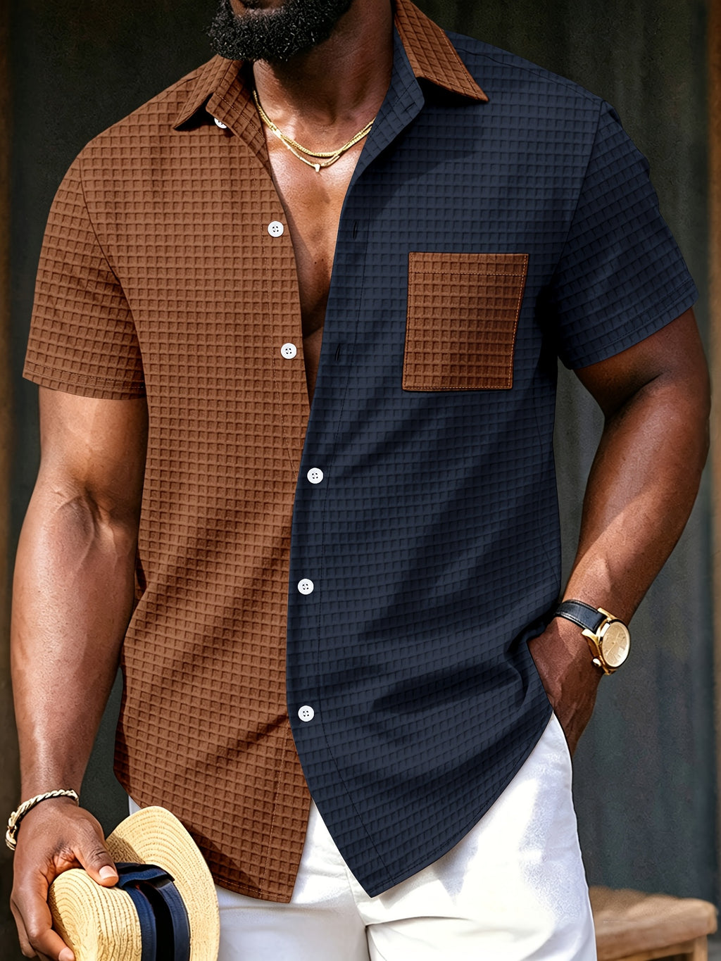 Men'S Waffle Knit Color-Block Shirt, Short Sleeve Button-Up Casual Top with Pockets, Fashionable Summer Beach And Casual Wear Men'S Clothing - Navy Color