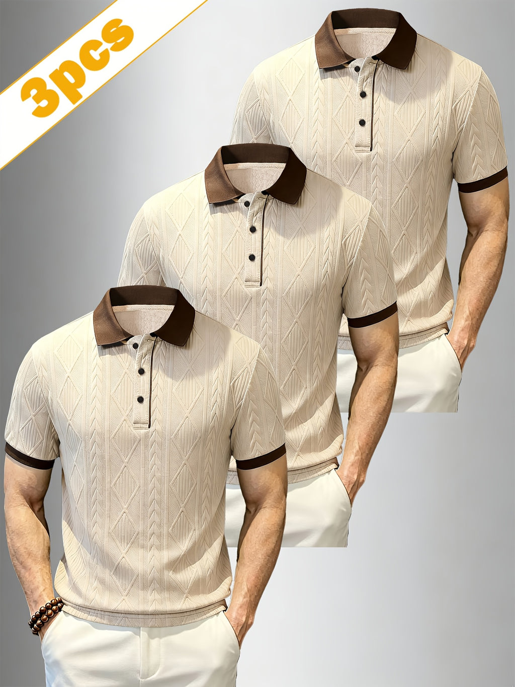 A Set of Three Stylish Men'S Jacquard Polo Shirts, Perfect for Spring, Autumn, And Summer. Made from Jacquard Fabric, They Are Comfortable, Skin-Friendly - Apricot