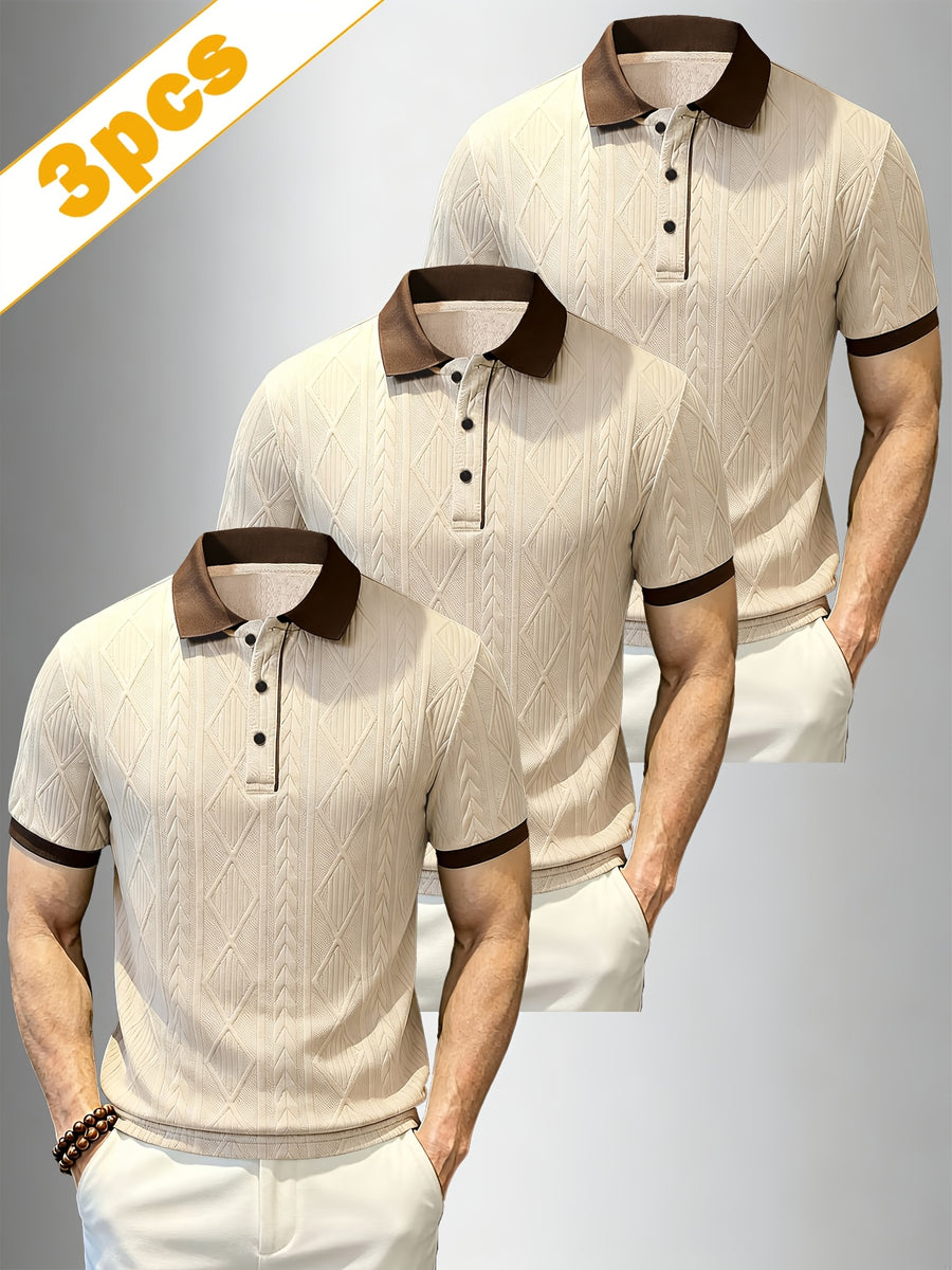 A Set of Three Stylish Men'S Jacquard Polo Shirts, Perfect for Spring, Autumn, And Summer. Made from Jacquard Fabric, They Are Comfortable, Skin-Friendly - Apricot