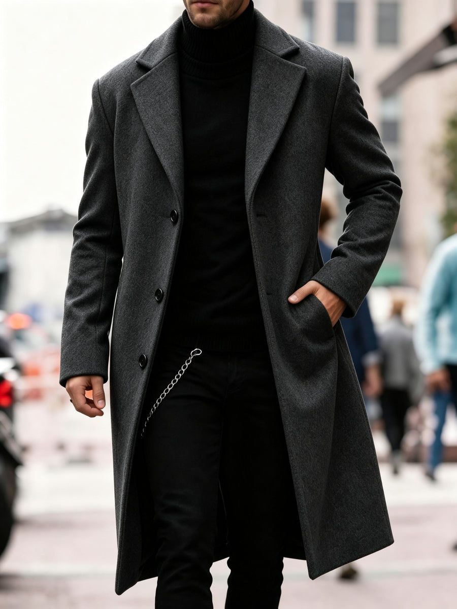 Men's Long Tweed Overcoat, European and American Style Suit Lapel Single-Breasted Slim Fit Blend Coat, Autumn/Winter Windproof and Warm Business Men's Wear, Multiple Colors Available, 100% Polyester - Dark Gray