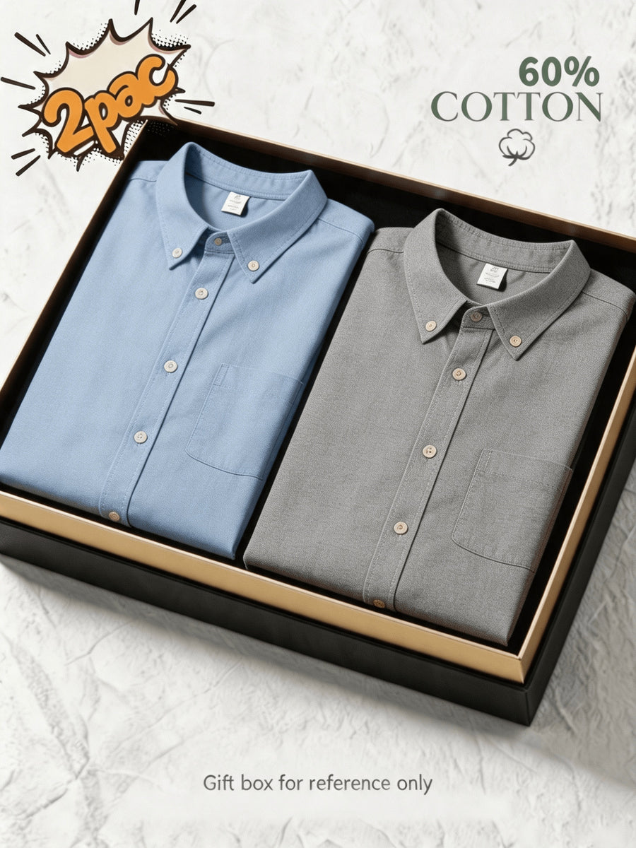 1+1 2pcs Classic Men's Oxford Plain Color Shirt, Long Sleeve Spring/Autumn Pocket Lapel Shirt for Casual Daily Outings - Blue+gray