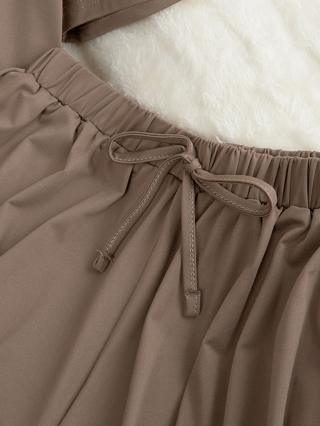 Plus Size Fashion Temperament Casual Solid Color Hooded Sweatshirt Short-Sleeved Top Drawstring Shorts Skirt Two-Piece Set - Brown 1