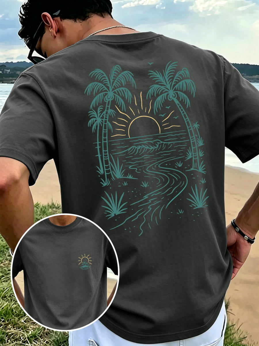 Men'S New Pure Short Sleeve Round Neck T-Shirt Palm Tree Tropical Coast Sunset Print Comfortable Soft Breathable Suitable for Casual Summer Essential - Dark Gray