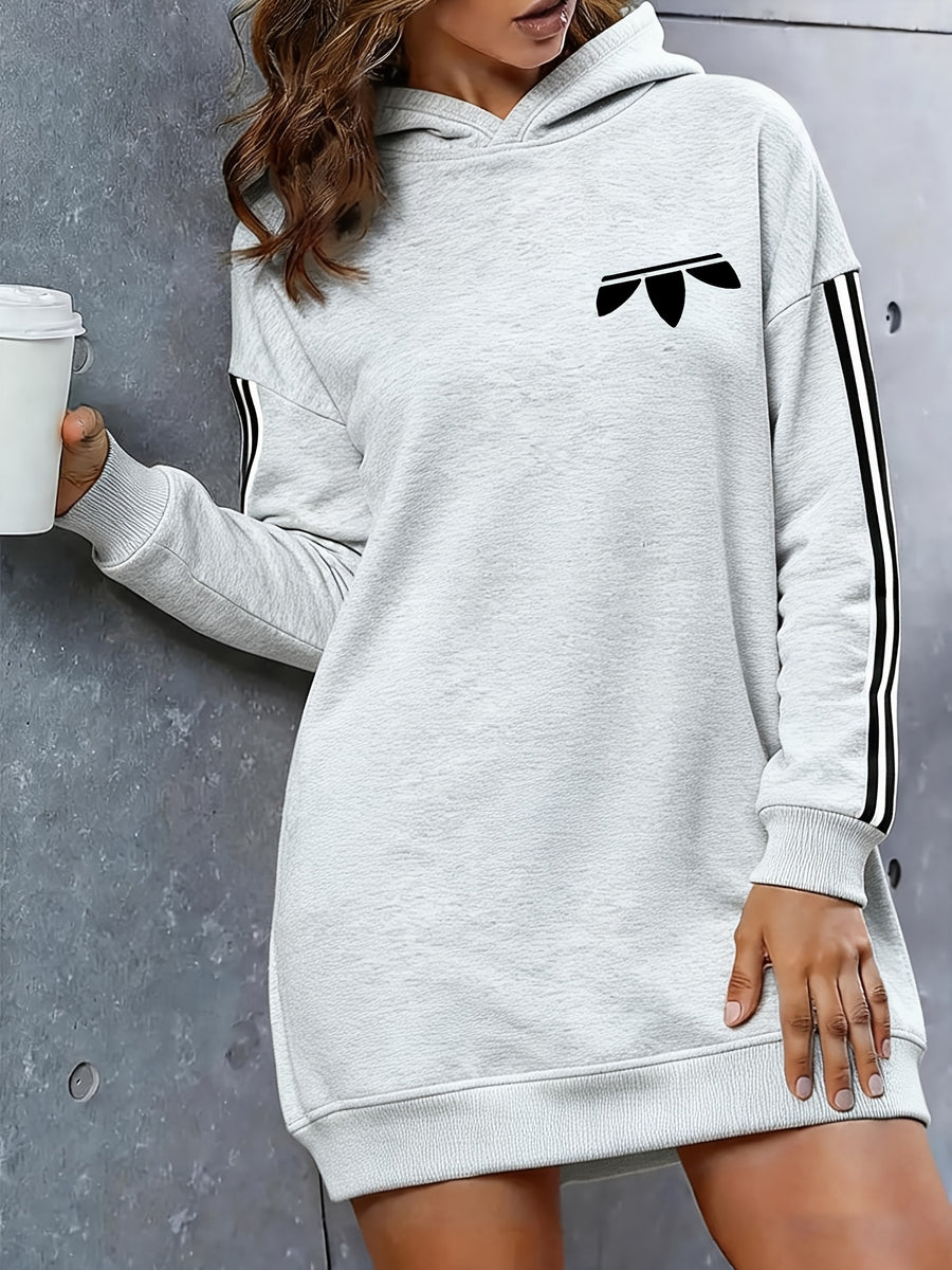 Printed Hooded Sweatshirt Dress For, Autumn Winter Thickened Fleece Long Hoodie Women'S Versatile Loose Casual Long Sleeve Dress - Grey 2