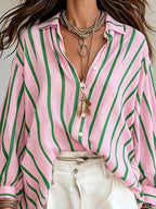 Spring Summer New Style Retro Striped Long Sleeve Women'S Shirt, Loose Vacation Style Beach Top, Casual Commute - Pink And Green Stripes