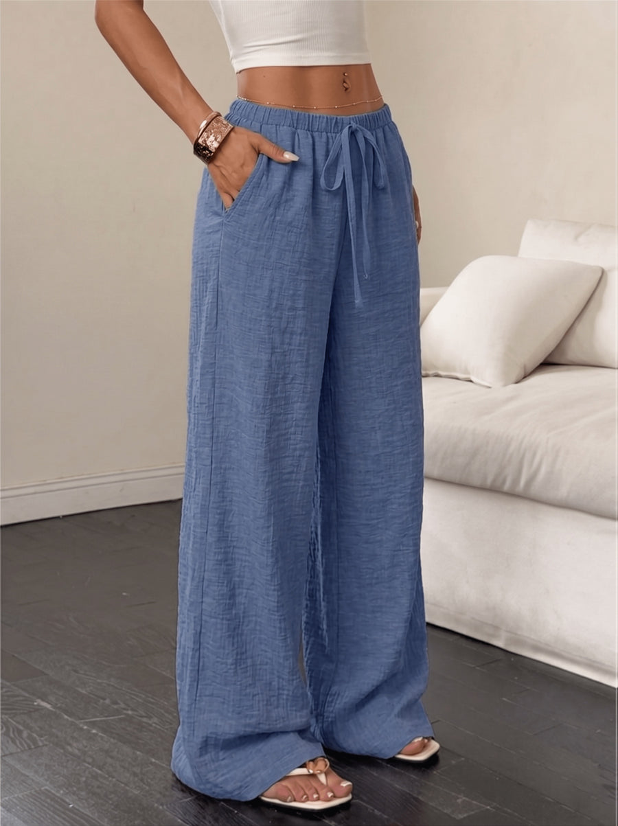 YY0514366 Women's Casual Versatile Solid Color Lace-Up Straight-Leg Pocket Wide-Leg Pants - Blue