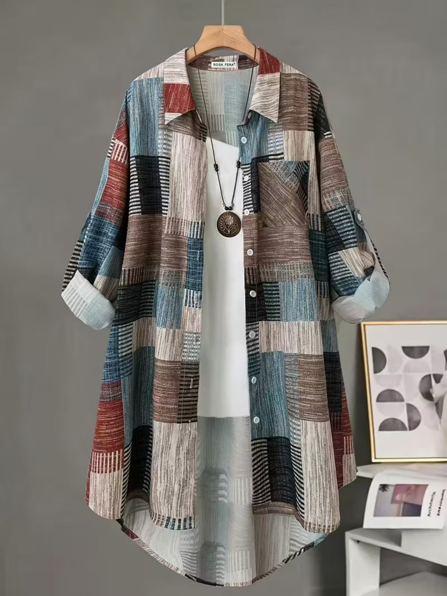New Women's Color-Block Plaid Print Shirt with Lapel Collar, Single Pocket, Loose Fit, Midi-Length Design for Casual Streetwear and Daily Commuting - Mixed colors