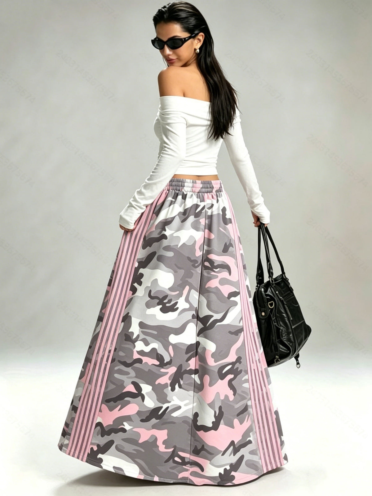 American Street Style Camouflage Print Long Skirt, Drape, Versatile, Large Swing, Midi Skirt - Mixed colors