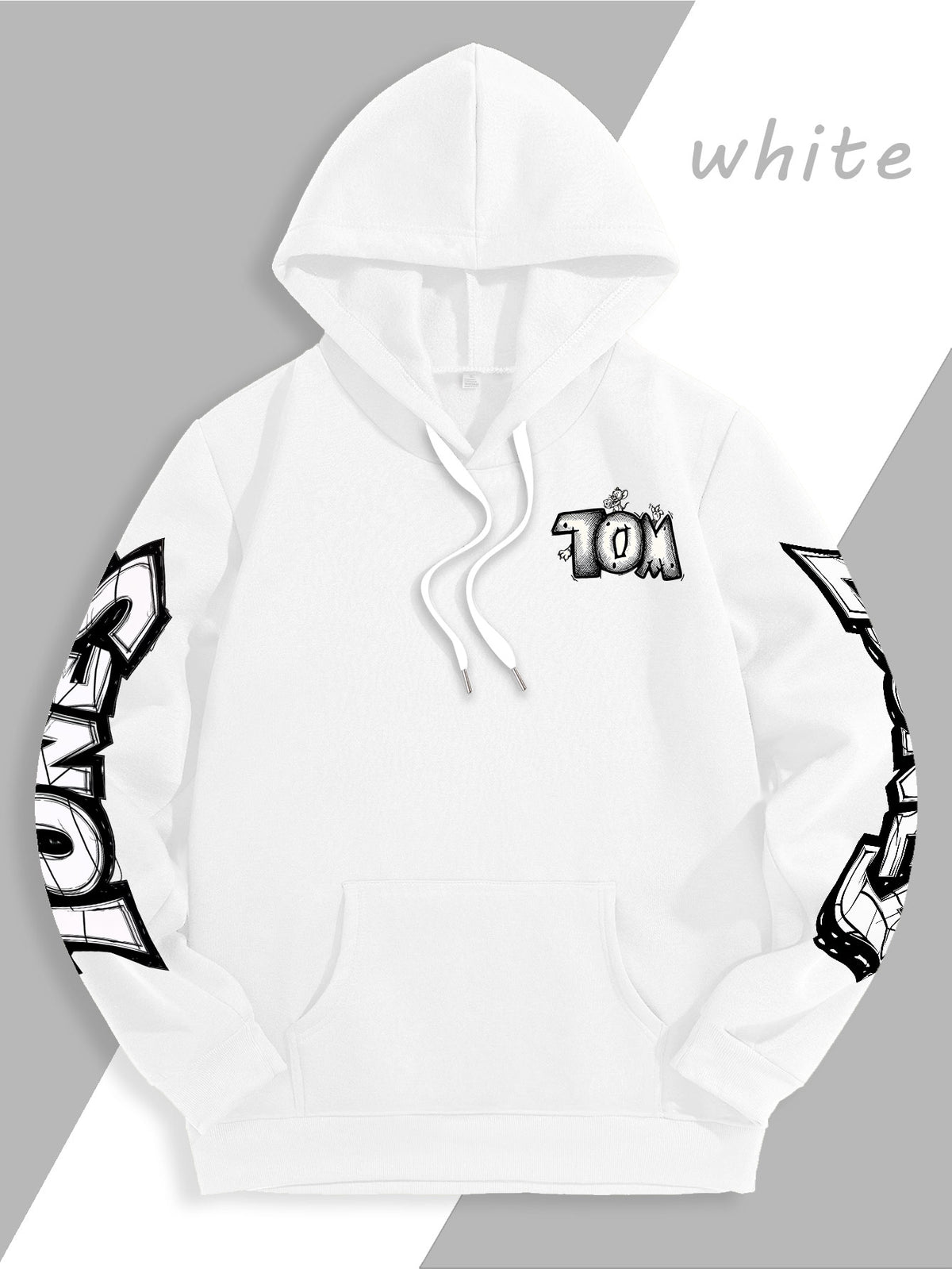 Men's Warner Bros. Vacation Hand-Drawn Sketch Print Hooded Sweatshirt, a Loose and Casual Hoodie Suitable for Animation IP Enthusiasts, Daily Commutes to School, Streetwear, and  Outfits for Couples and Best Friends - White