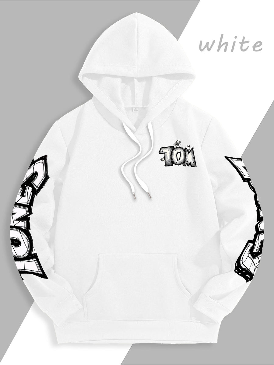 Men's Warner Bros. Vacation Hand-Drawn Sketch Print Hooded Sweatshirt, a Loose and Casual Hoodie Suitable for Animation IP Enthusiasts, Daily Commutes to School, Streetwear, and Outfits for Couples and Best Friends - White