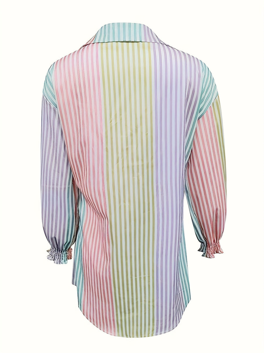 Women's Striped Random Print V-Neck Shirt Top - Multicolor