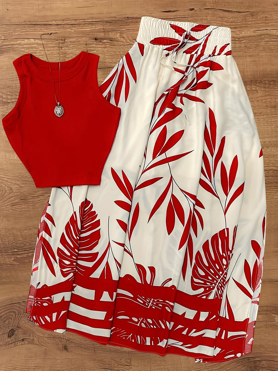 Summer Women'S Daily Vacation Floral Print Skirt And Solid Color Sleeveless Top 2pcs Set - Red+red apricot