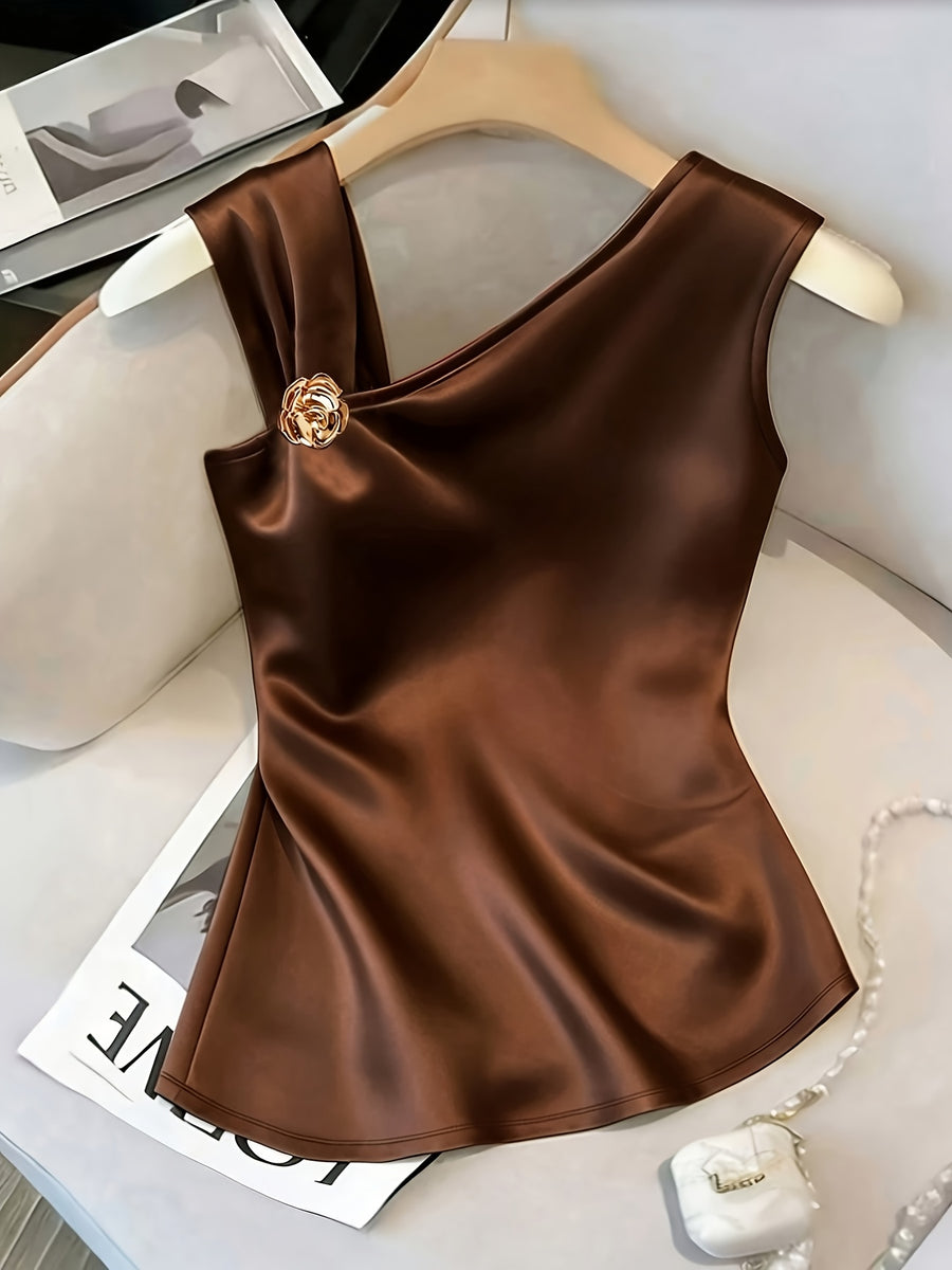 Women'S Elegant Asymmetrical Shoulder Textured Fabric Rose Floral Decoration Button Niche Design Vest Top - Coffee Brown
