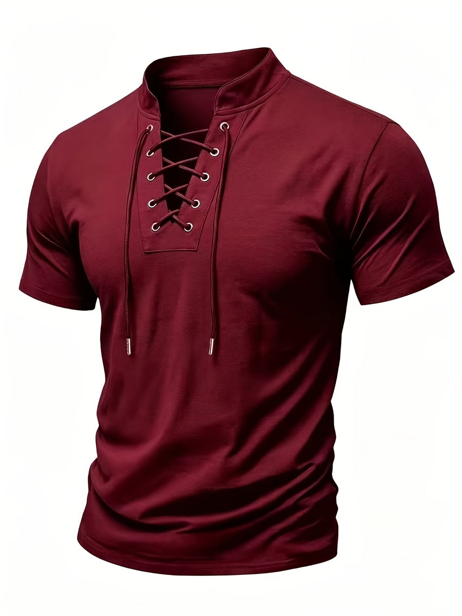 Men's Casual Drawstring Stand Collar Short Sleeve - Red