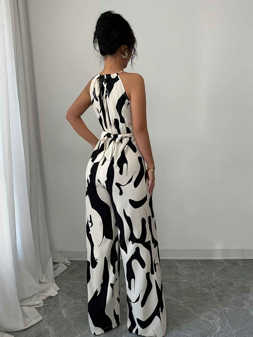 Women'S Printed Cinched Waist Jumpsuit, Elegant Holiday And Casual Wear with Halter Neckline - White