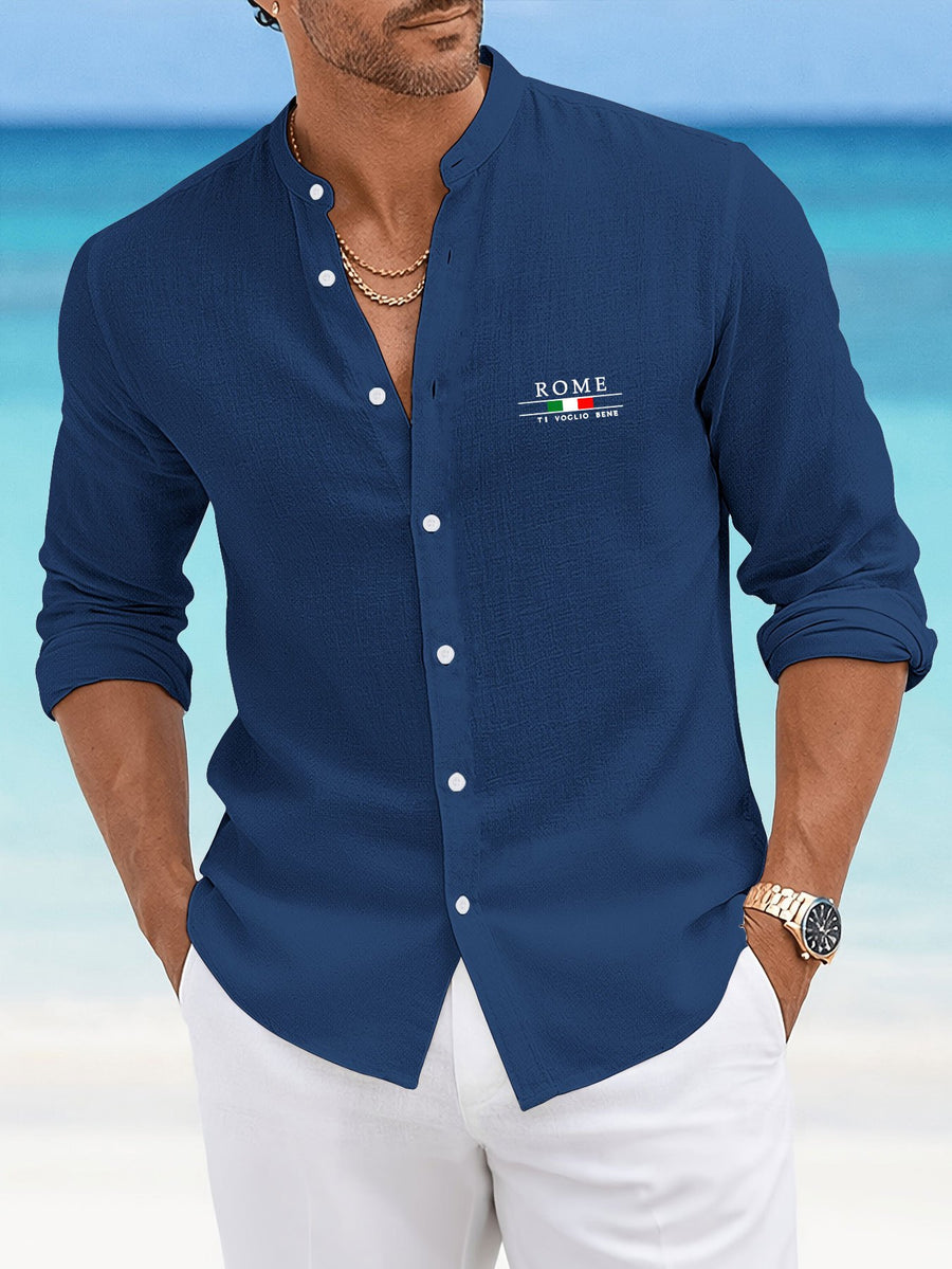 Men'S Casual Faux Linen Stand-Collar Long Sleeve Shirt, Breathable And Sweat-Absorbing Comfortable Fabric Blouse, Suitable for Outings, Parties, Beach Vacations, And Daily Wear, Machine Washable Regular Fit, Sweat-Resistant - Navy Color