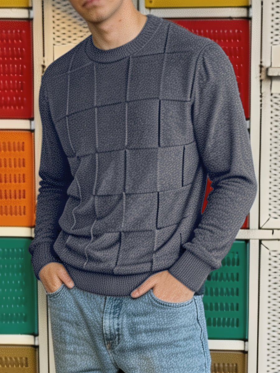Men'S Round Neck Plaid Textured Knit Sweater, Long Sleeve Soft Lightweight Pullover, Suitable for Business Casual Wear - Dark Grey