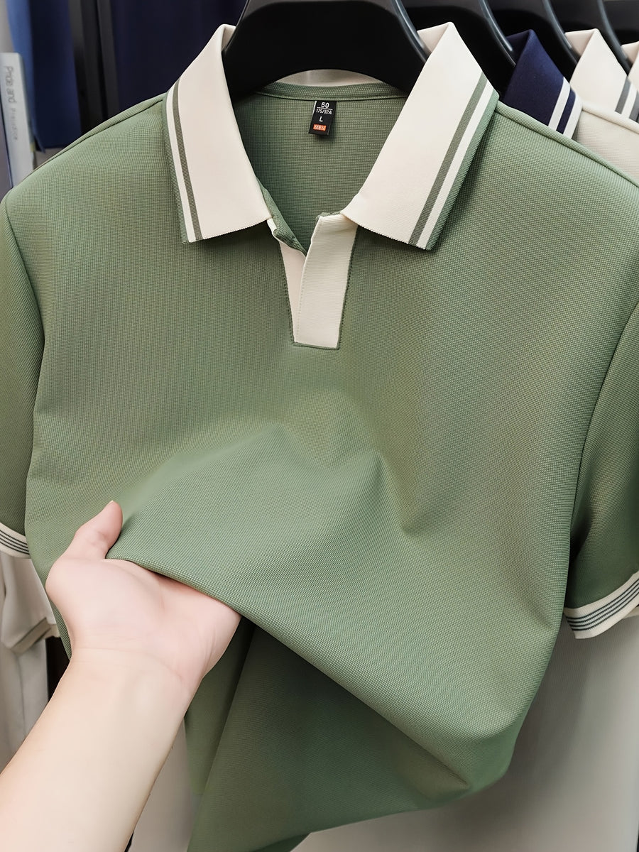 New Summer V-Neck Buttonless Lapel High-Stretch Short-Sleeve Men's T-Shirt, Fashionable Casual Sport Quick-Dry Men's Shirt, Skin-Friendly and Cool, Y Smooth Breathable Men's Top TX16215 - Green