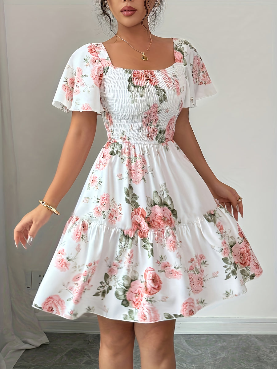 Summer Vacation Floral Print Short Dress with Waist Cinching - Multicolor