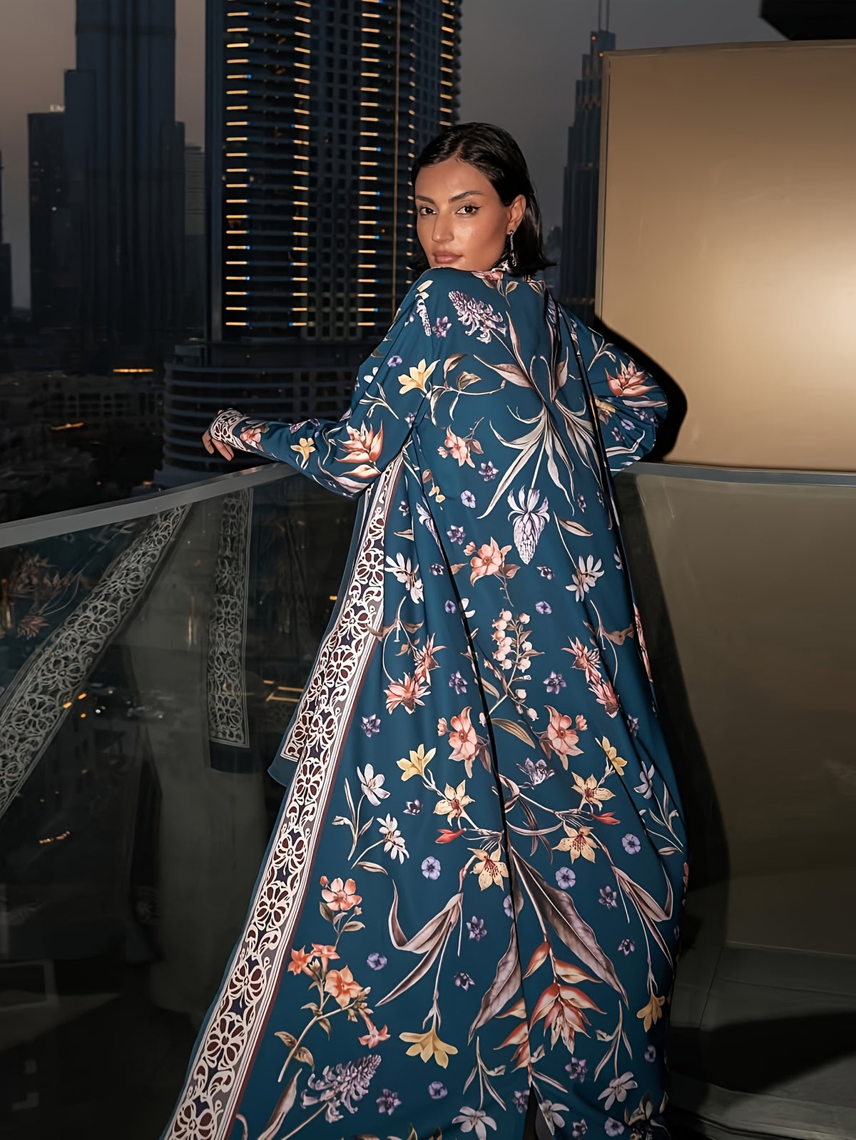 2pcs Set (Khimar And Abaya) Printed Muslim Prayer Outfit, Printed Long Cardigan Abaya And Matching Printed Headscarf Hijabs, Casual Outing Essential Fashion Item Prayer Jilbab, Women'S Abaya Robe - Blue