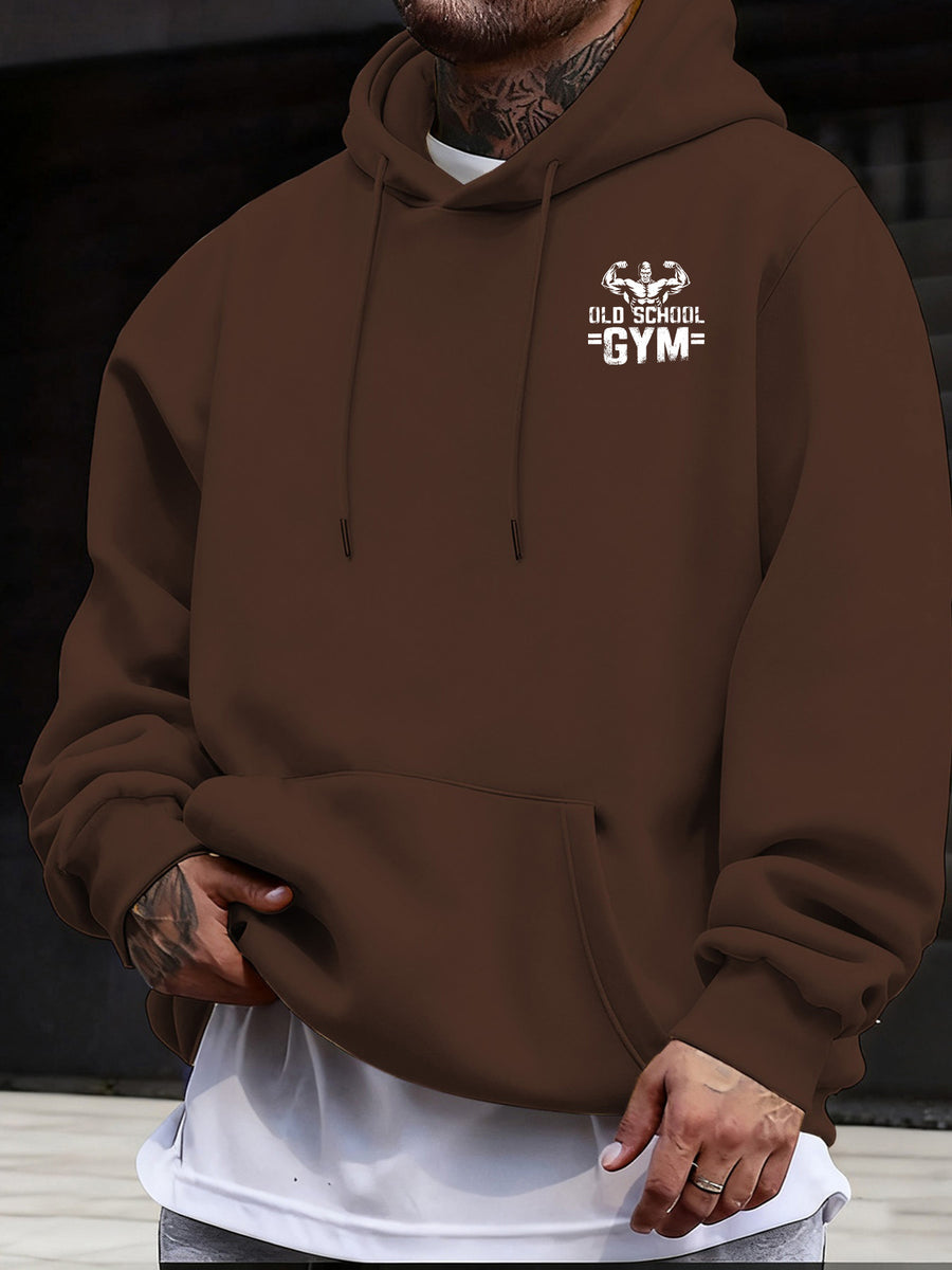 Men's Casual Sweatshirt with Letter Print, Drawstring Hood, Long Sleeve Pullover with Pocket - Coffee Brown