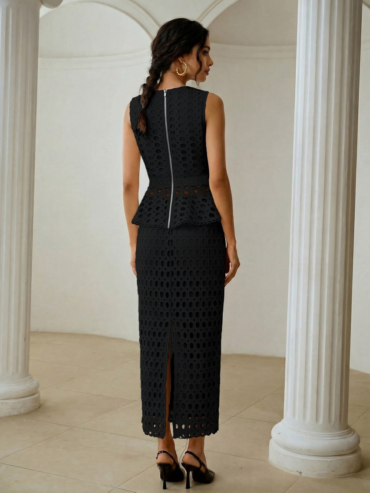 French Hollow-Out Lace Spliced Camisole Top And Straight Midi Skirt 2pcs Set, Elegant Women'S Wear for Daily Commute And Dating - Black