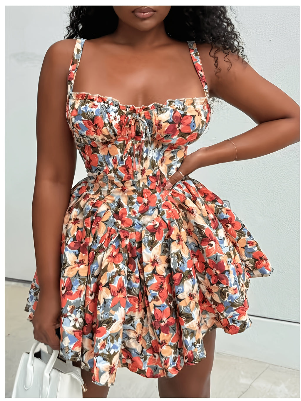Elegant Bridesmaid Dress for Women, Floral Print Spaghetti Straps Bow Decoration Waist-Cinched Back Smocked A-Line Ruffled Short Dress, Fashion Women's Dress for Wedding, Bridesmaid, Party, Date & Vacation - Red