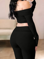 Solid Color Off-Shoulder Fashion Women's 2pcs Outfit: Solid Color Cold-Shoulder Long-Sleeve Cropped Top & Flared Pants Set - Black