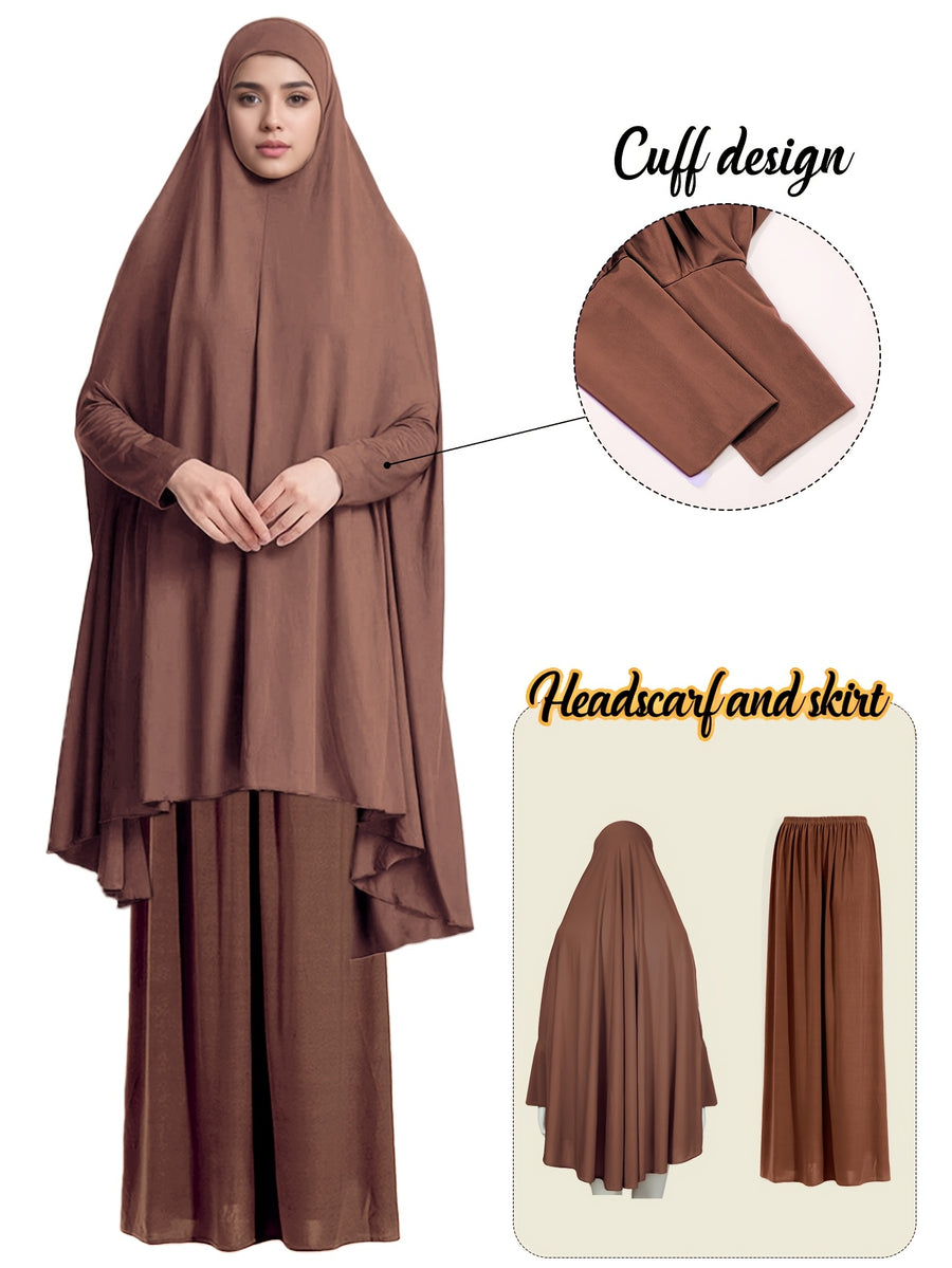 2pcs Women'S Solid Color Robe And Skirt Set, a Conservative And Elegant Outfit for Everyday Wear, Featuring Sleeves Inspired by Middle Eastern Traditional Culture, Abayas - Coffee Color