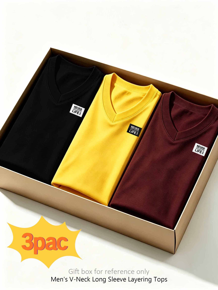 100%, 3pcs Men'S V-Neck Long Sleeve Chokers T-Shirts, Men'S Knit Sweatshirt, New Casual Athletic Ribbed Collar Top - Black+yellow+burgundy