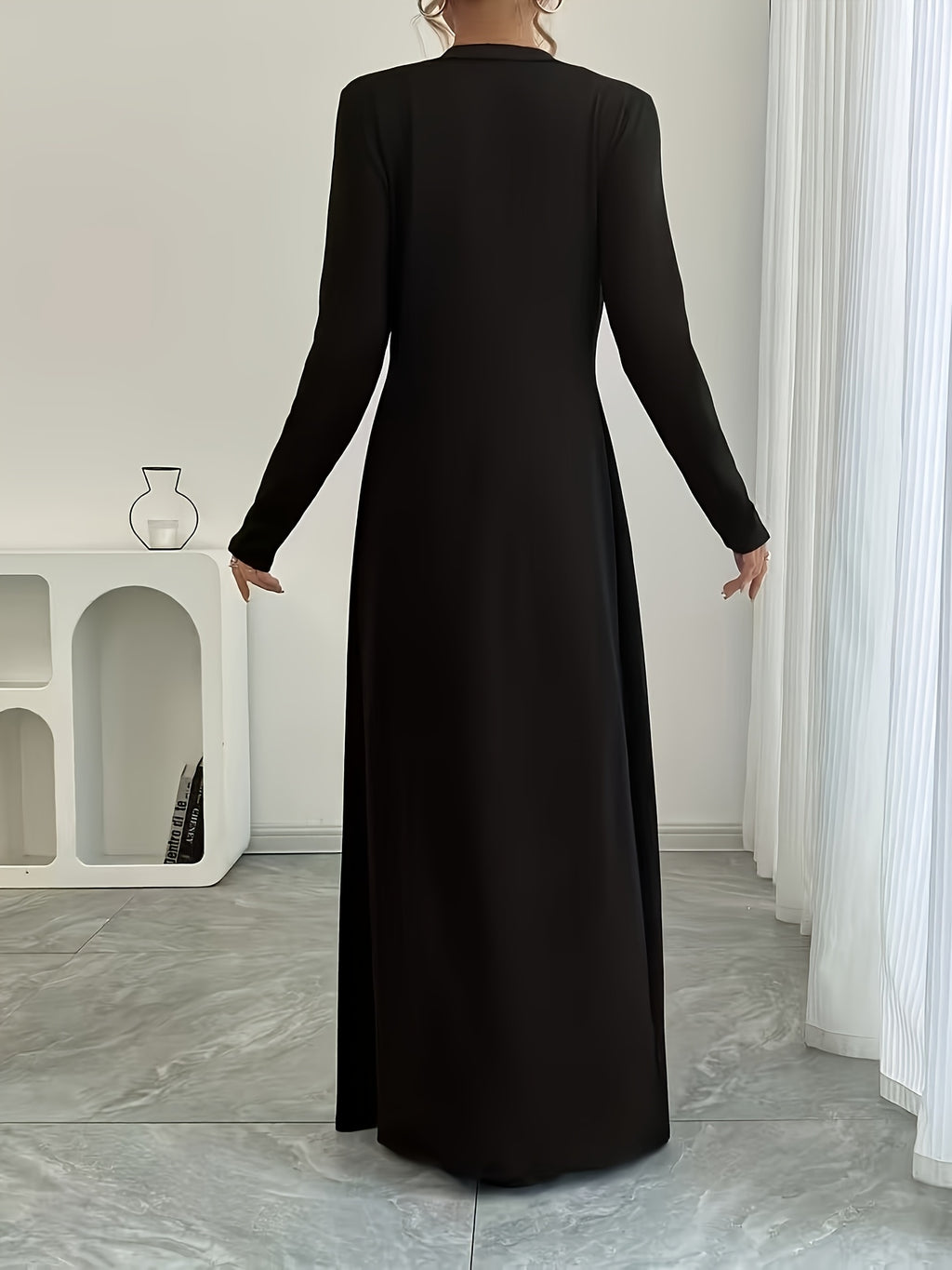 New Spring/Autumn Women's European and American Style Daily Solid Color Long Button-Up Cardigan, Long Sleeve, Slim Fit, Casual Commuter Outerwear - Black