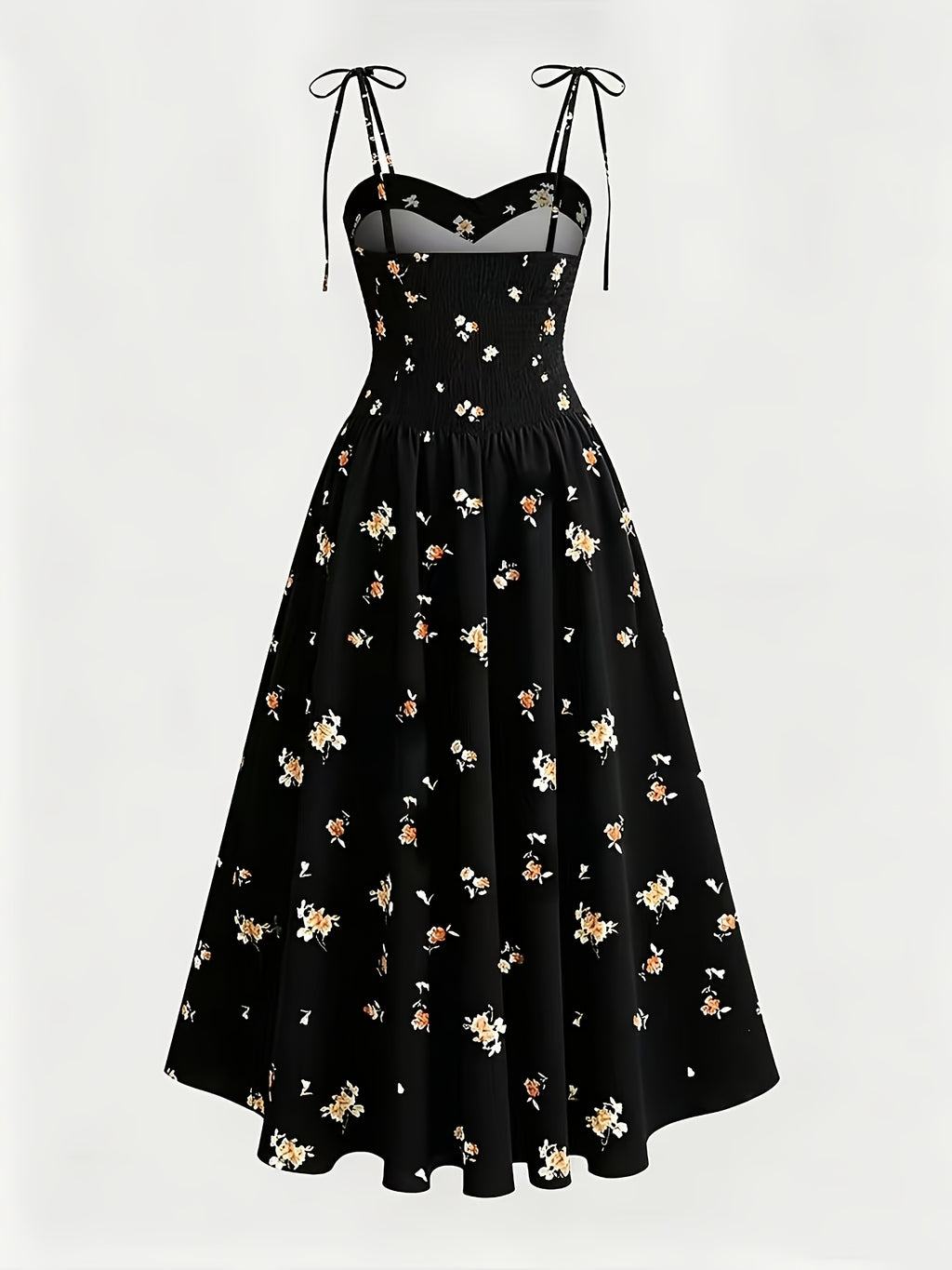 French-Style Black Floral Print Tie-Up Spaghetti Suspender Dress for Women, New Summer Collection, Slim Fit Waist-Cinching Midi Dress for a and Elegant Look, Versatile Dress for Beach Vacations, Dates, and Daily Wear - Black
