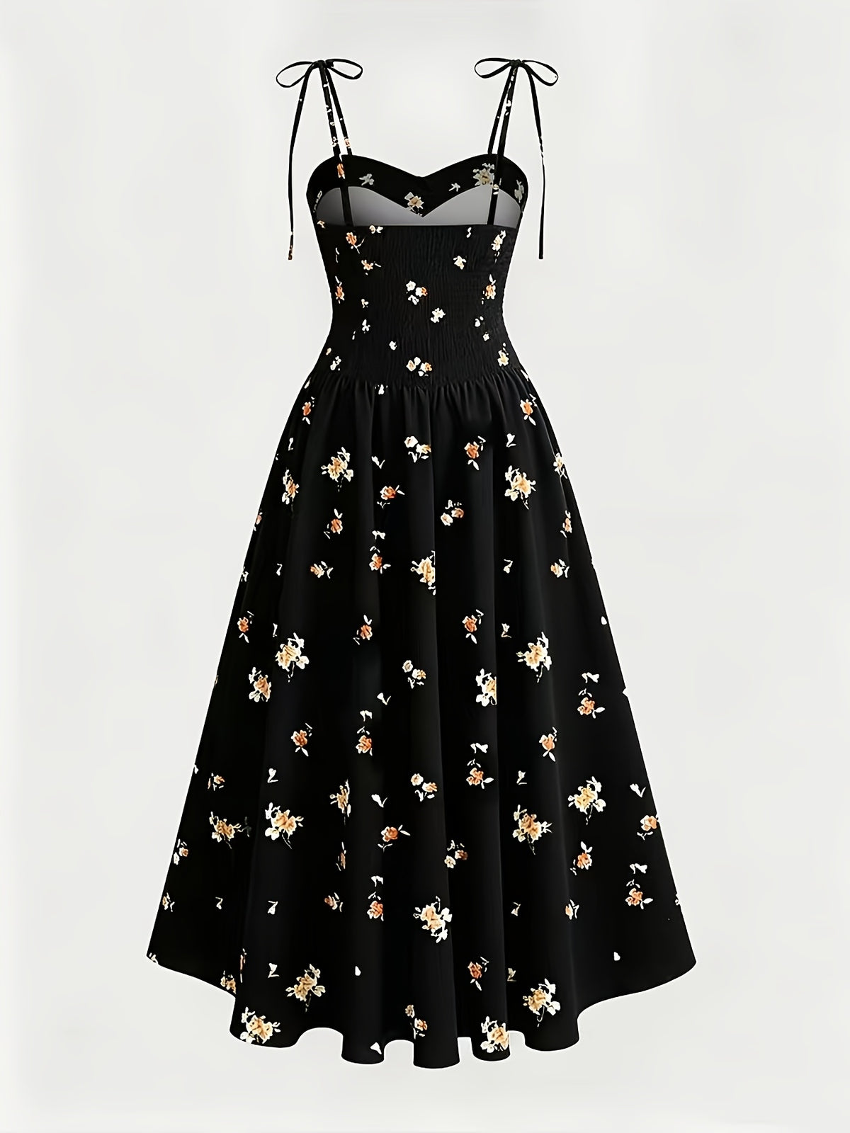 French-Style Black Floral Print Tie-Up Spaghetti Suspender Dress for Women, New Summer Collection, Slim Fit Waist-Cinching Midi Dress for a and Elegant Look, Versatile Dress for Beach Vacations, Dates, and Daily Wear - Black