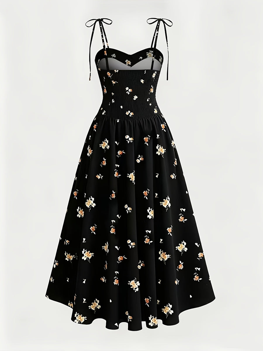 French-Style Black Floral Print Tie-Up Spaghetti Suspender Dress for Women, New Summer Collection, Slim Fit Waist-Cinching Midi Dress for a and Elegant Look, Versatile Dress for Beach Vacations, Dates, and Daily Wear - Black