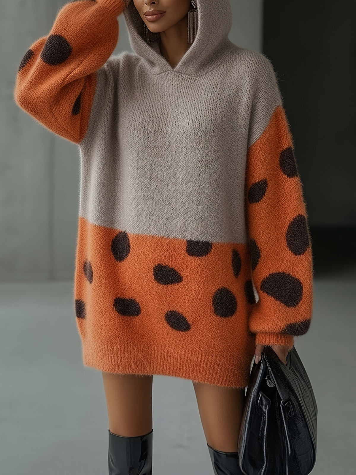 Women'S Elegant Dress with Hat, Leopard Print Color Block Texture Polka Dot Jacquard Contrast Soft Comfortable Beautiful Vintage Casual Party Slim Fit Pullover Dress Long Top Short Skirt Warm Fashion Commute - Orange-Red