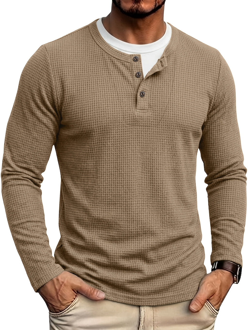 Autumn/Winter Cross-Border Men's Long Sleeve Crew Neck 2-in-1 Look Henley Shirt European and American Men's Pullover Base Layer T-shirt - Khaki
