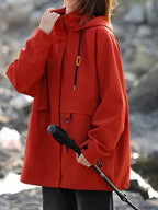 Women's Outdoor Windbreaker Jacket, Stylish Autumn/Winter Outerwear, Casual Loose Windproof Jacket, Fashionable Cardigan Workwear Trench Coat - Brick Red