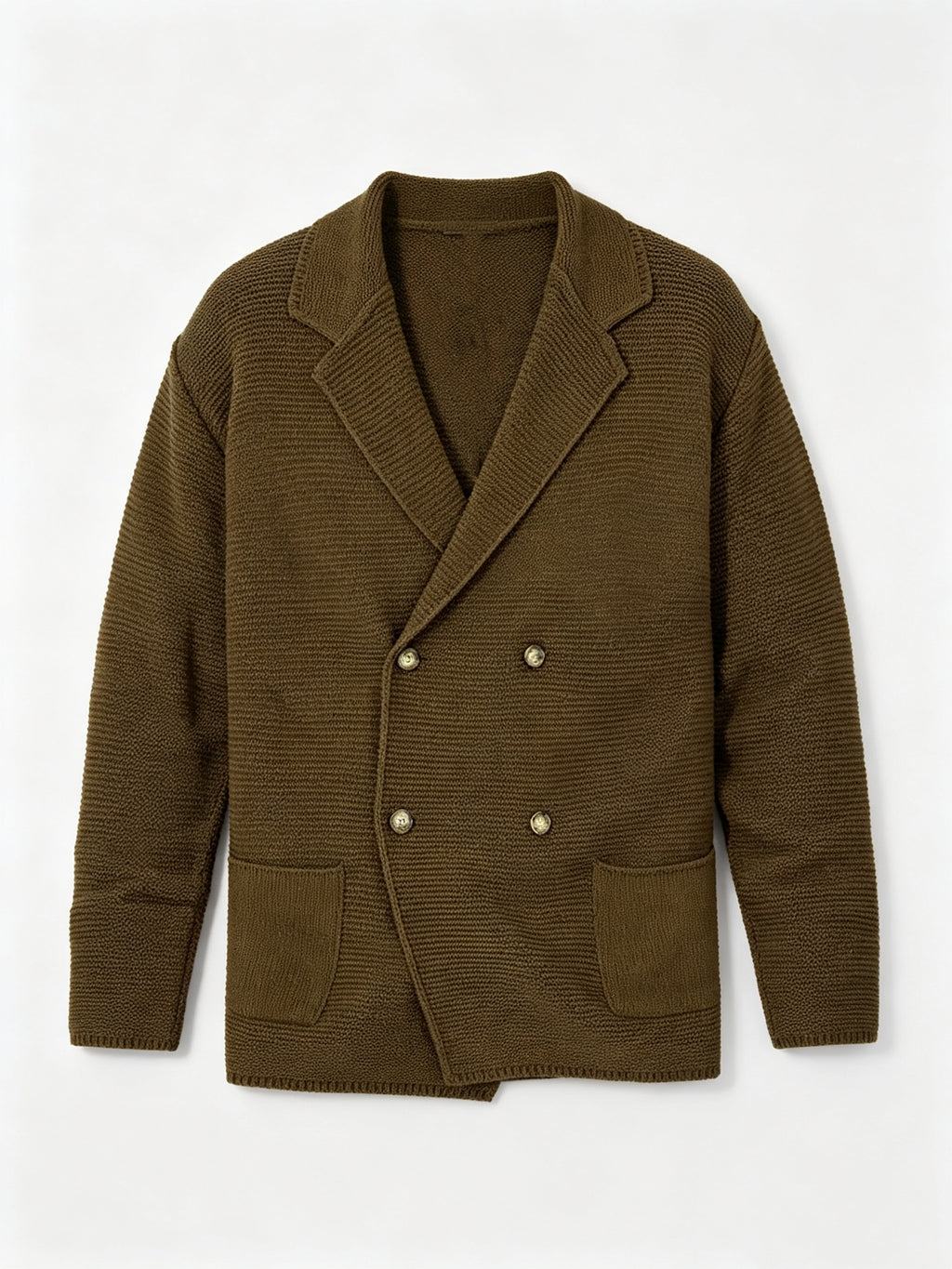 Men's New Autumn/Winter Double-Breasted Knit Jacket, Loose Fit Casual Suit-Style Top with Lapel. European/American Style Men's Notched Lapel Knit Cardigan with Double-Breasted Design, Versatile Outerwear for Spring/Autumn, Suitable for Both Commuting - Coffee Color