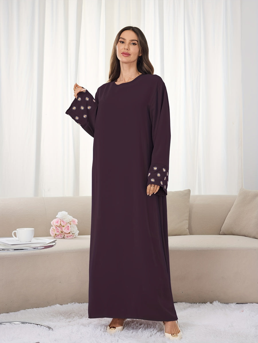 1pc (Headscarf Not Included) Elegant Cute Cuffed Small Daisy Embroidery Dress, Fashionable, Elegant, And Casual Abaya Dress with Embroidered Small Chrysanthemums at The Cuffs, No Scarf, Solid Color, Suitable for Daily Wear - Coffee Color