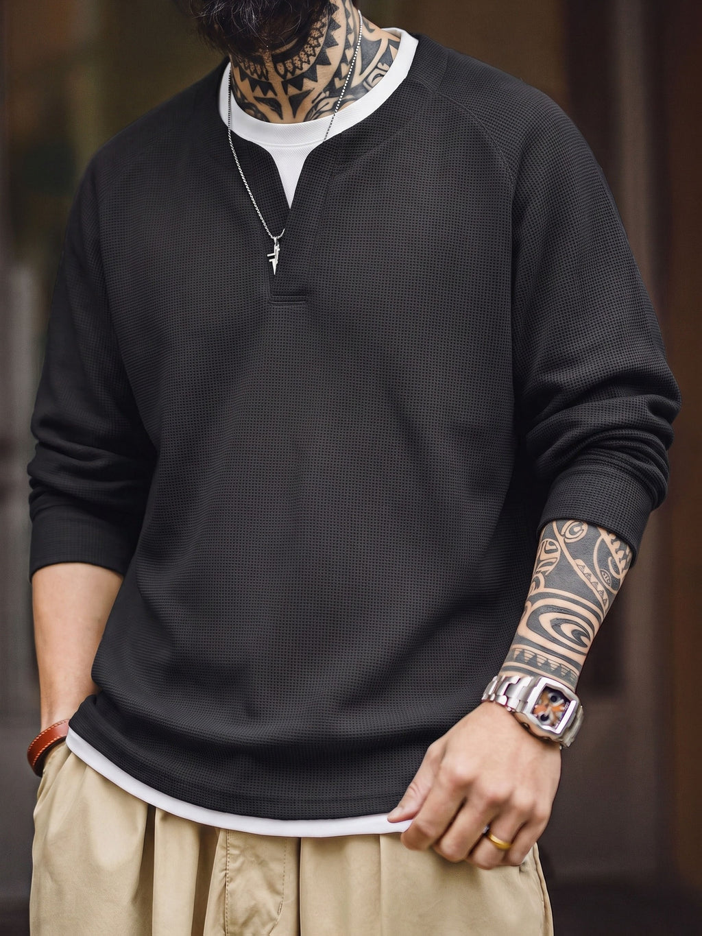 Men'S Long Sleeve Sweatshirt, Loose Fit, Waffle Fake Two-Piece Top, Spring/Autumn Casual Commute Wear, Men'S Casual Top, Men'S Gift, Spring/Autumn/Winter Holiday Wear, Ideal Gift Choice - Black