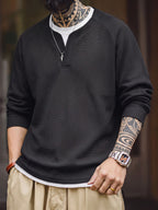 Men'S Long Sleeve Sweatshirt, Loose Fit, Waffle Fake Two-Piece Top, Spring/Autumn Casual Commute Wear, Men'S Casual Top, Men'S Gift, Spring/Autumn/Winter Holiday Wear, Ideal Gift Choice - Black