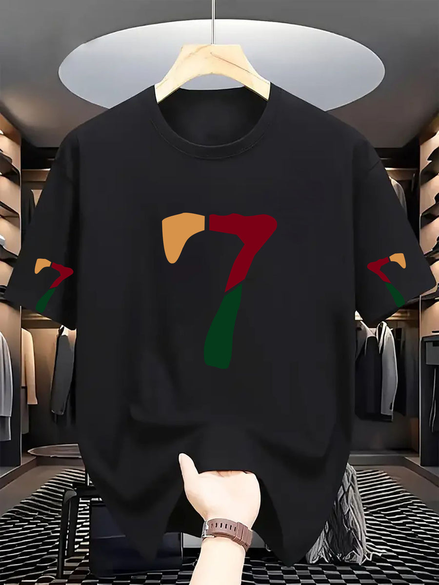 Men'S Casual Classic Sleeve Print T-Shirt with Text, Round Neck Comfortable Polyester Fabric, Stylish Streetwear for Daily Wear, Men'S Fashion - Black