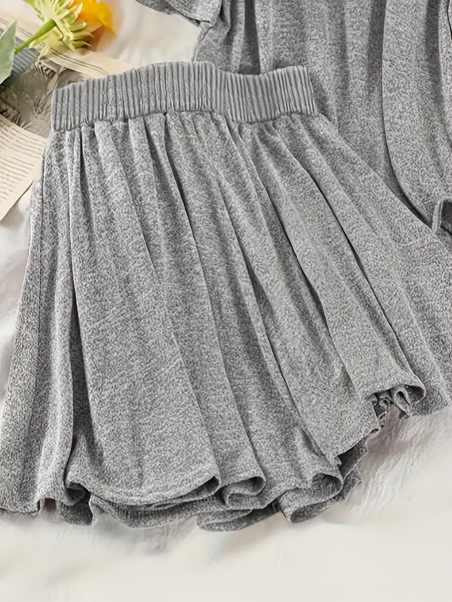 Solid Color Casual Set, Short Sleeve Hooded Top And Drawstring Wrinkle-Free Shorts, Women'S Clothing - Grey